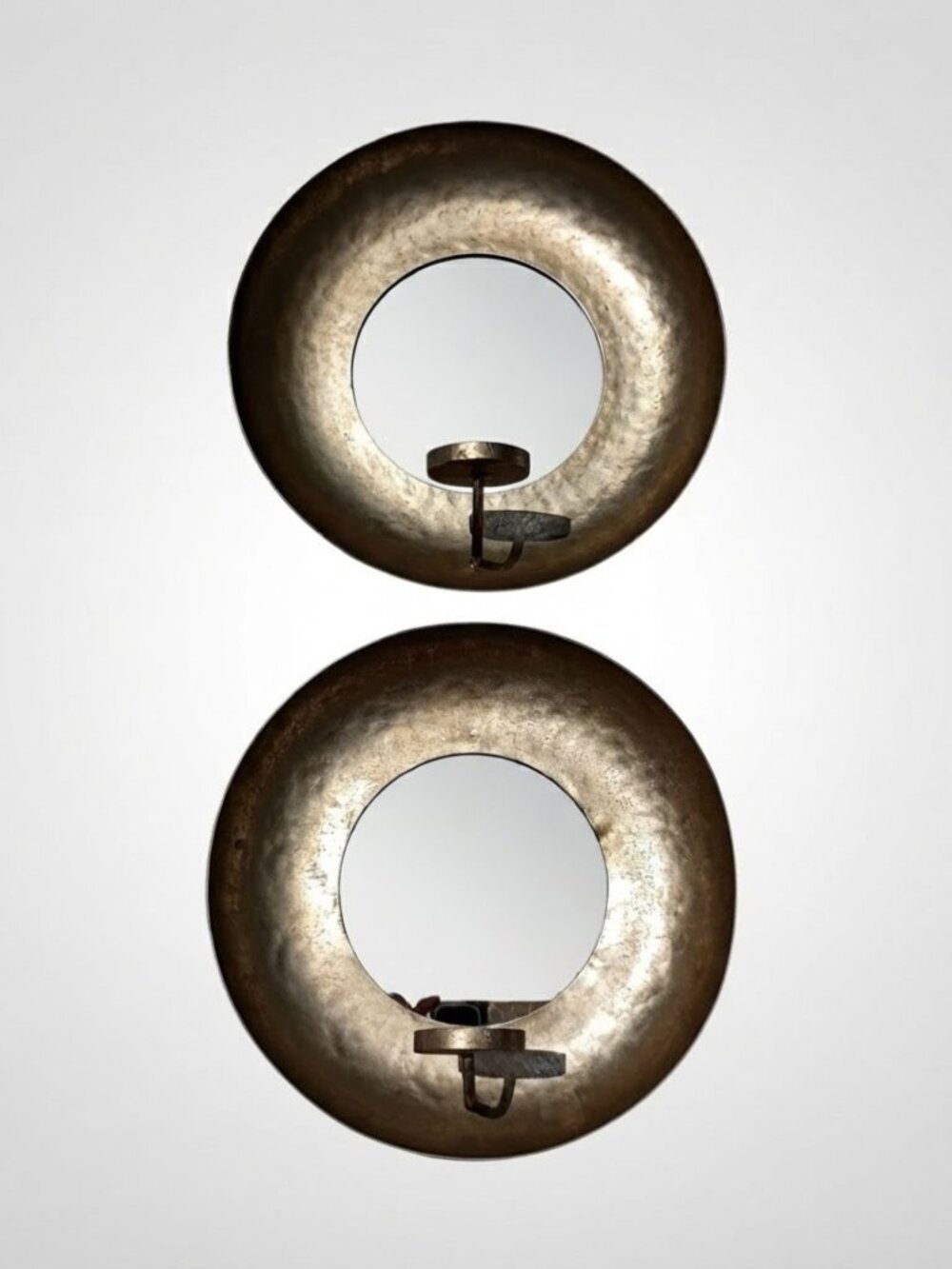 Pair of Hammered Metal Mirrored Wall Sconces Candle Holders Round Vintage Style